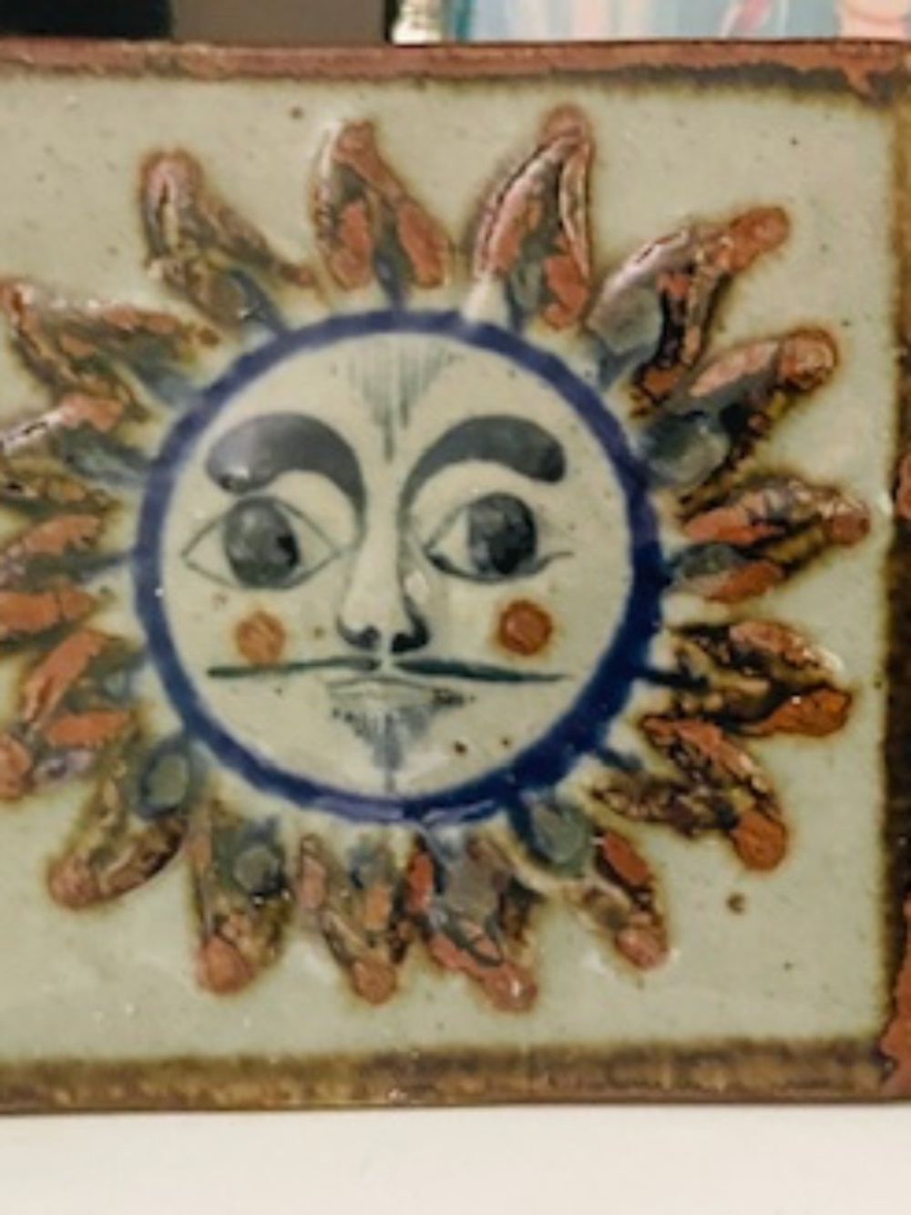 Vintage Hand-Painted Tonala Sun & Moon Ceramic Tile Pair
